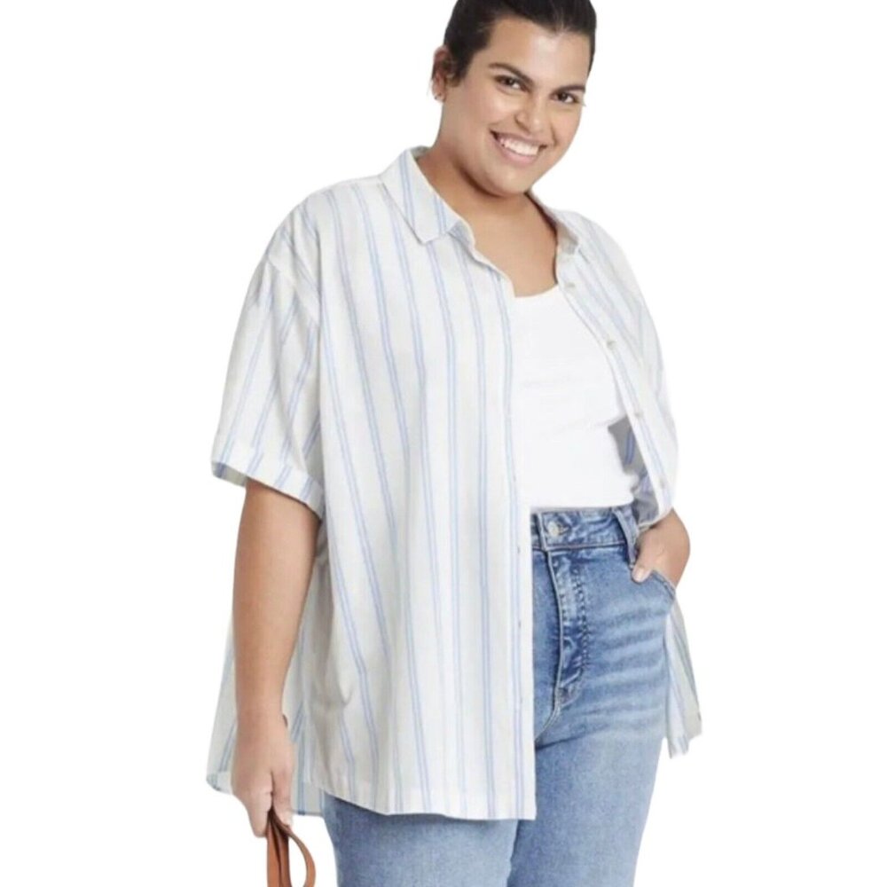 Ava & Viv Women's Button Front Denim Striped Oversized Blouse Size 1X